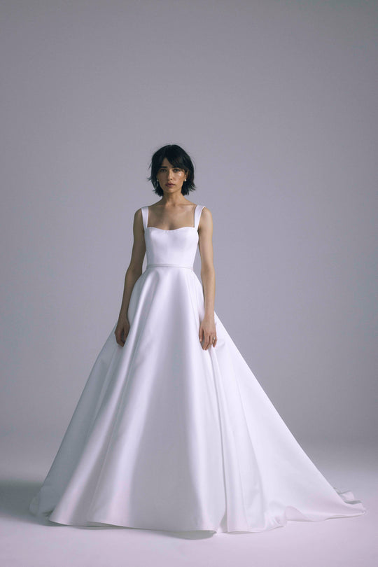 Helena, $5,995, dress from Collection Bridal by Amsale, Fabric: italian-double-face-duchess-satin