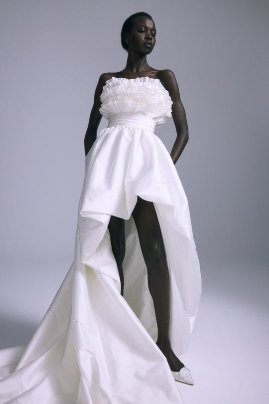 Mura, $7,995, dress from Collection Bridal by Amsale, Fabric: taffeta