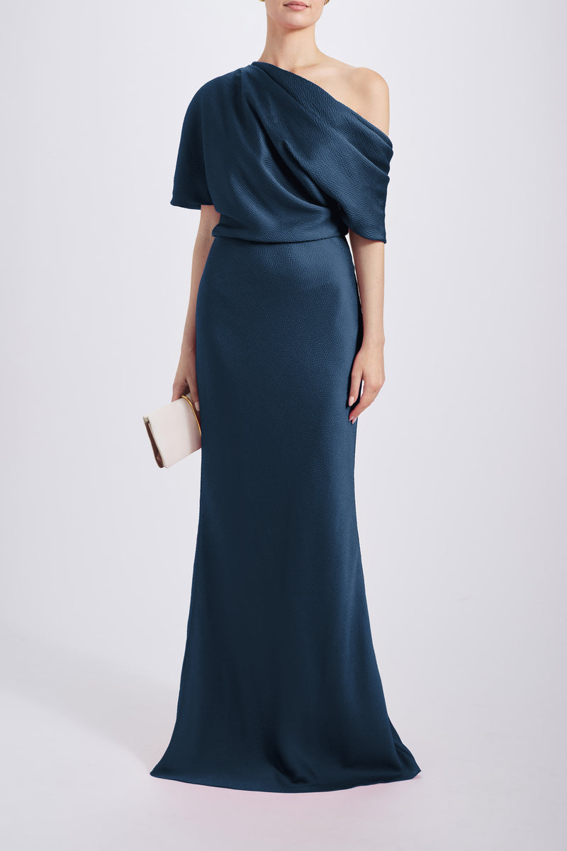amsale blue dress Hammered Satin Off-the-Shoulder Magenta / 6 Color:City Stripe Indo Western Party Wear ROYAL QUEEN an empire silhouette