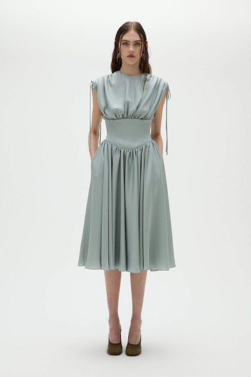 hammered satin knee length dress Badgley Mischka Wrap Full Skirt Day Dress