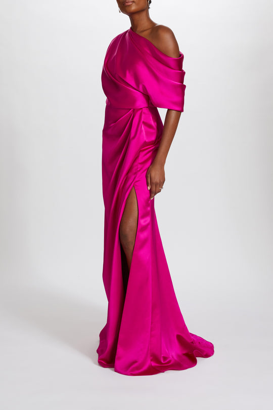 P607S - Fluid Satin Off-the-Shoulder Gown, $595, dress from Collection Evening by Amsale, Fabric: fluid-satin