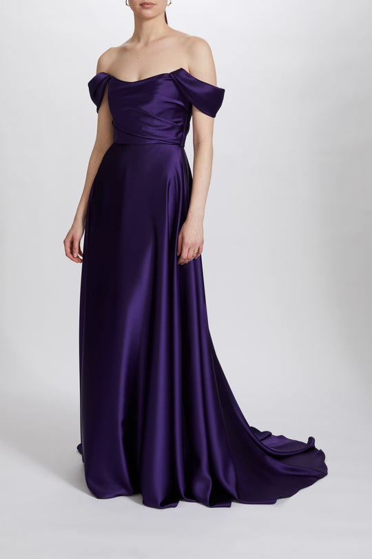 P619S - Fluid Satin Off-the-Shoulder Gown, $895, dress from Collection Evening by Amsale, Fabric: fluid-satin