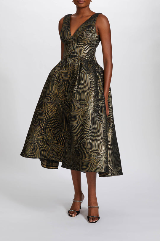 P634 - Metallic Jacquard Tea-Length Dress, $1,895, dress from Collection Evening by Amsale, Fabric: metallic-jacquard