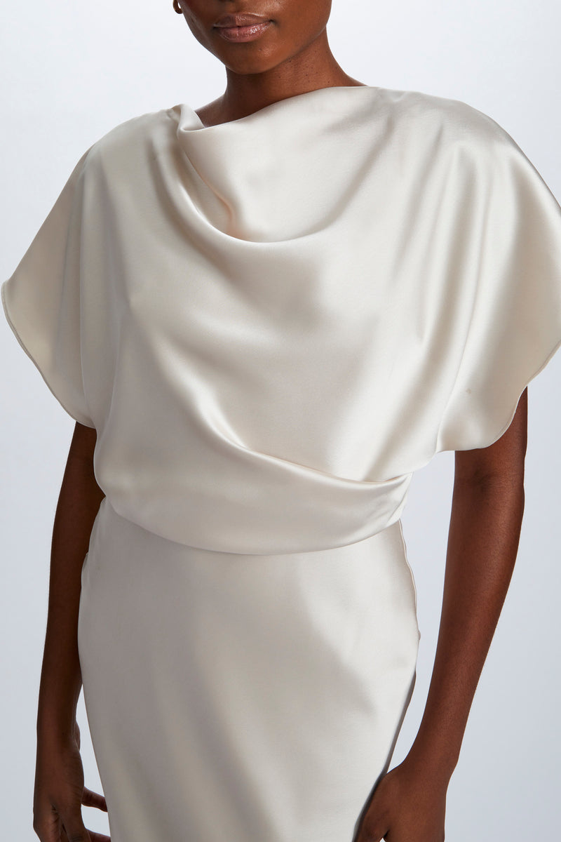 satin drape dress Fluid Draped Gown Champagne / 00 Color:Agave labordaysale_bottoms_shoes The cascading drape detail Vintage Chiffon Detail City