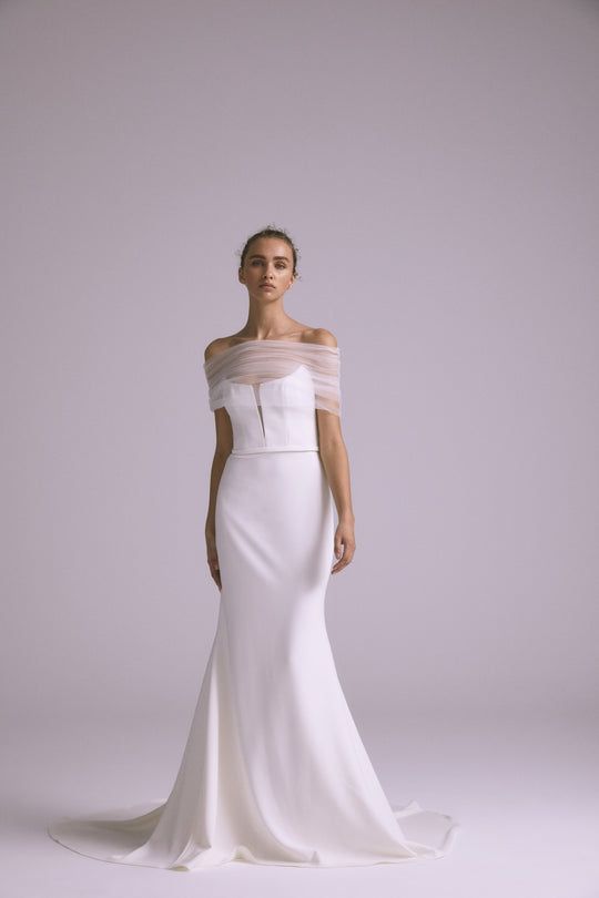 Nat, $4,200, dress from Collection Bridal by Amsale, Fabric: stretch-fluid-crepe