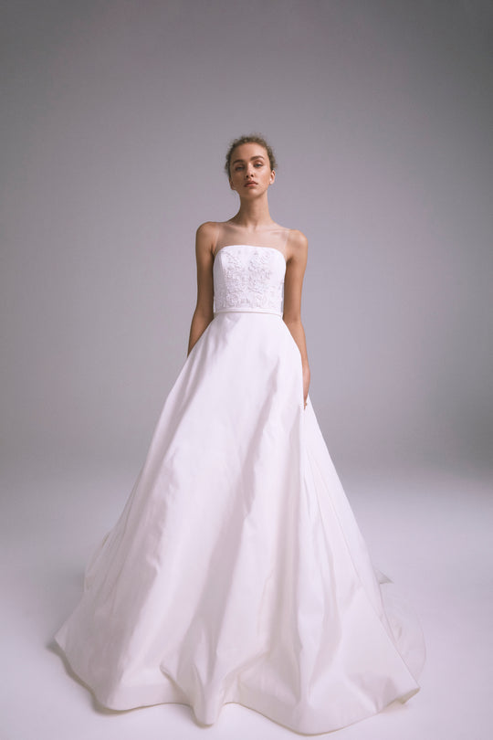 Sable, $7,495, dress from Collection Bridal by Amsale, Fabric: faille