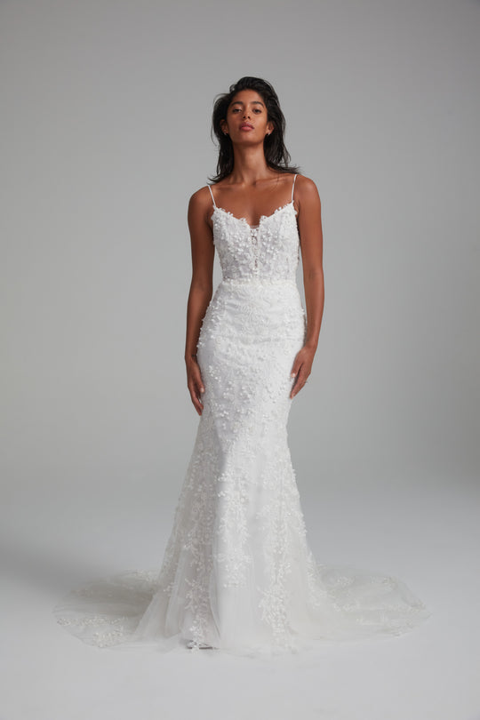Sylvie, $6,995, dress from Collection Bridal by Amsale, Fabric: embellished-illusion-plunge-cutaway
