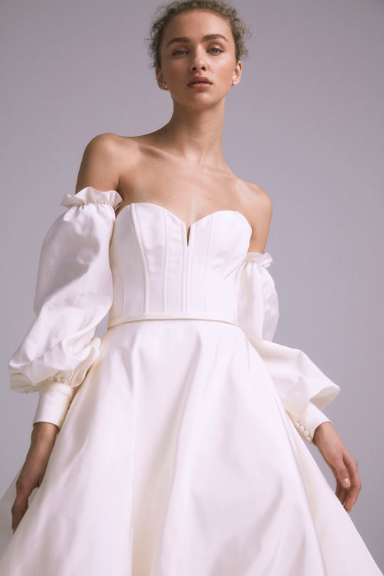 Teddy, $5,500, dress from Collection Bridal by Amsale, Fabric: faille