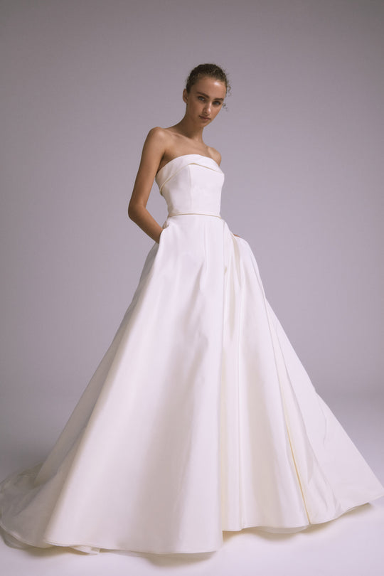 Tomlin, $6,995, dress from Collection Bridal by Amsale, Fabric: silk-faille