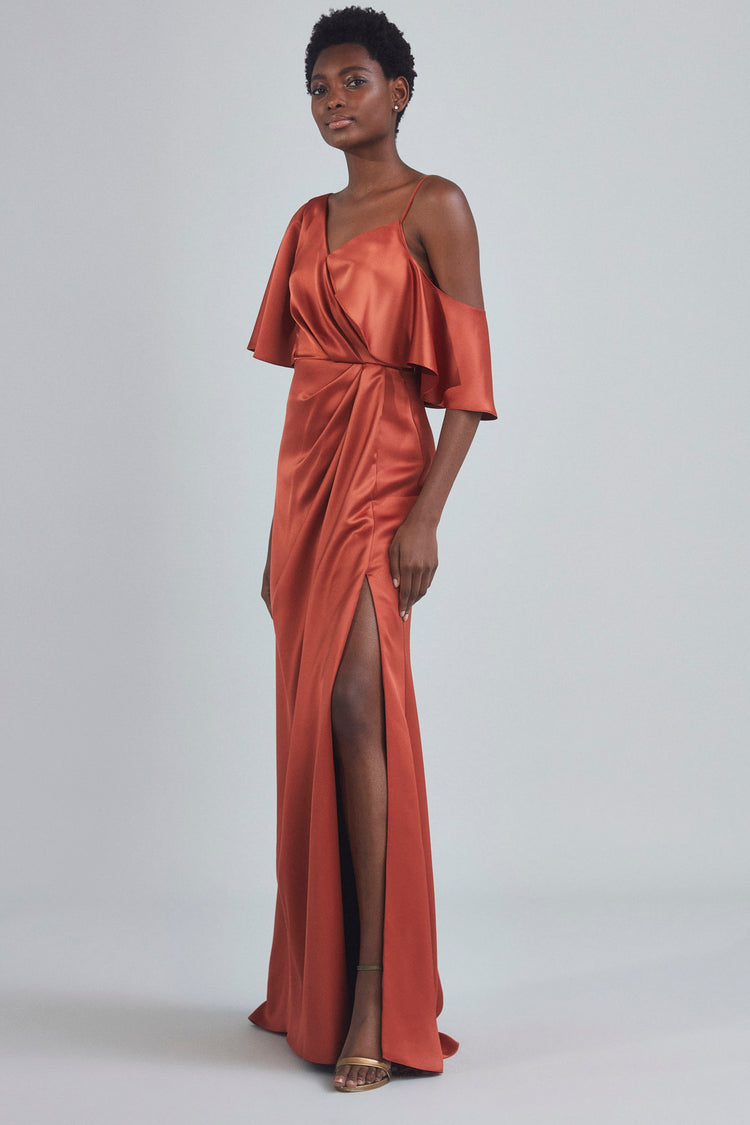 P396S - Asymmetrical Sleeve Column Dress - Black, dress by color from Collection Evening by Amsale