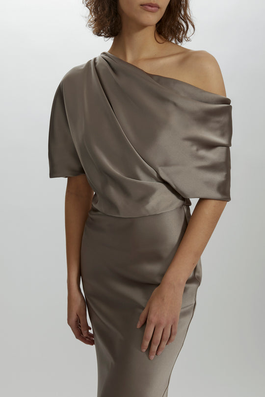 P434S - The Slouch Slim Midi Dress, $495, dress from Collection Evening by Amsale, Fabric: fluid-satin