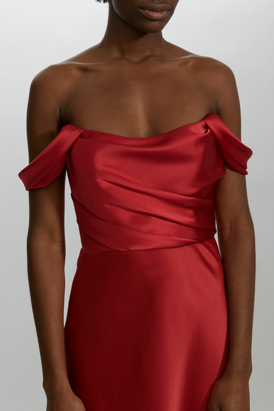 P436S - Off-the-Shoulder Draped Midi, $550, dress from Collection Evening by Amsale, Fabric: fluid-satin