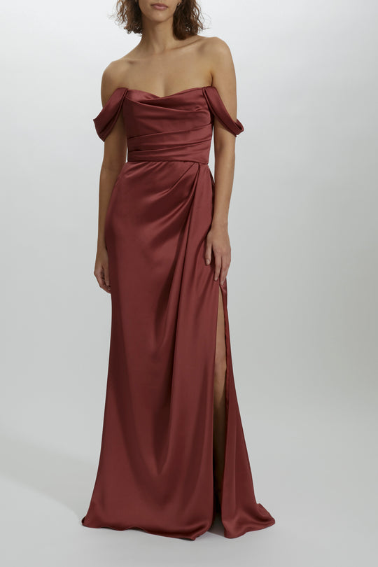 P437S - Off-the-Shoulder Draped Gown, $595, dress from Collection Evening by Amsale, Fabric: fluid-satin