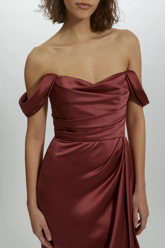 P437S - Off-the-Shoulder Draped Gown, $595, dress from Collection Evening by Amsale, Fabric: fluid-satin