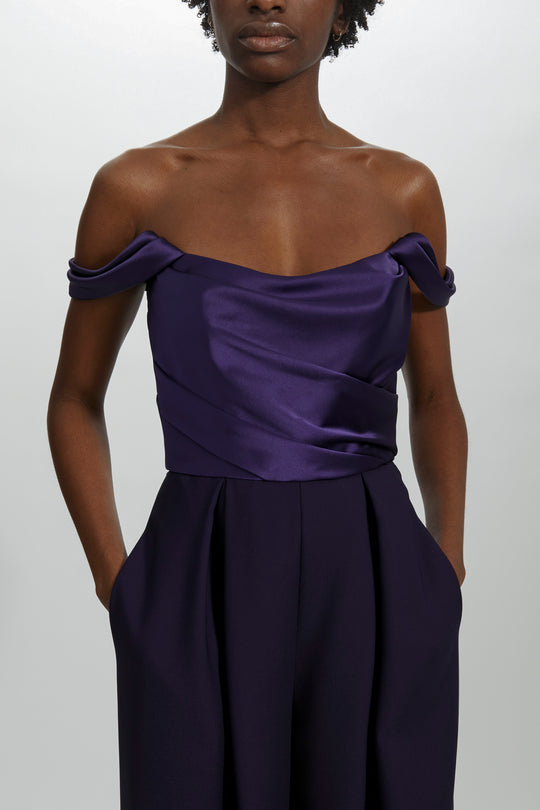 P438S - Off-the-Shoulder Jumpsuit, $595, dress from Collection Evening by Amsale, Fabric: fluid-satin