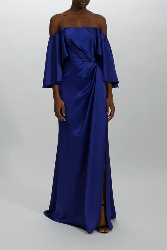 P443S - Off-the-Shoulder Cape Gown, $695, dress from Collection Evening by Amsale, Fabric: fluid-satin