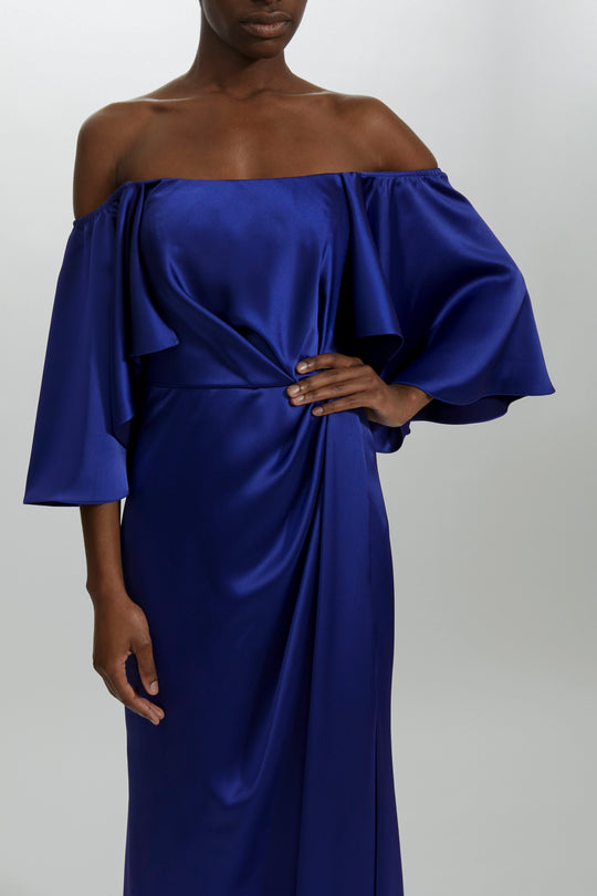 P443S - Off-the-Shoulder Cape Gown, $695, dress from Collection Evening by Amsale, Fabric: fluid-satin