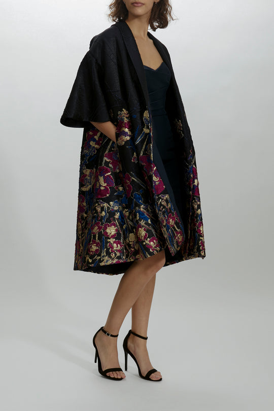 P481 - Metallic Opera Coat, $2,995, dress from Collection Evening by Amsale, Fabric: jacquard