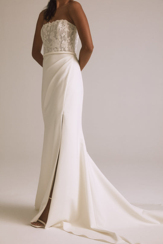 Elton, $2,895, dress from Collection Bridal by Nouvelle Amsale, Fabric: floral-embroidered-tulle-and-scuba-crepe