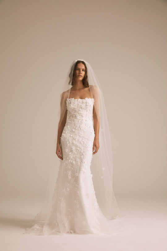 Grace, $3,995, dress from Collection Bridal by Nouvelle Amsale, Fabric: floral