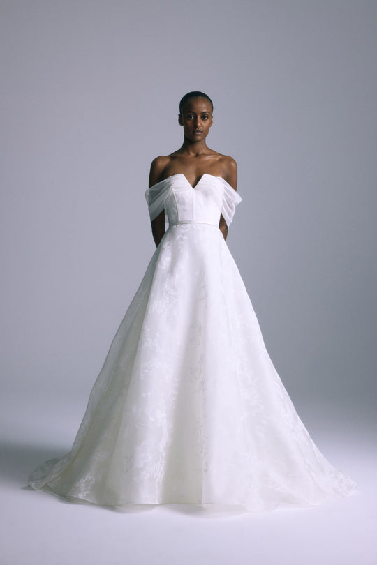 Cressida, $6,495, dress from Collection Amsale, Fabric: floral-print-silk-organza
