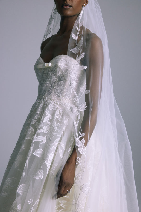 Lupe Veil, $2,200, dress from Collection Amsale, Fabric: floral-embroidery