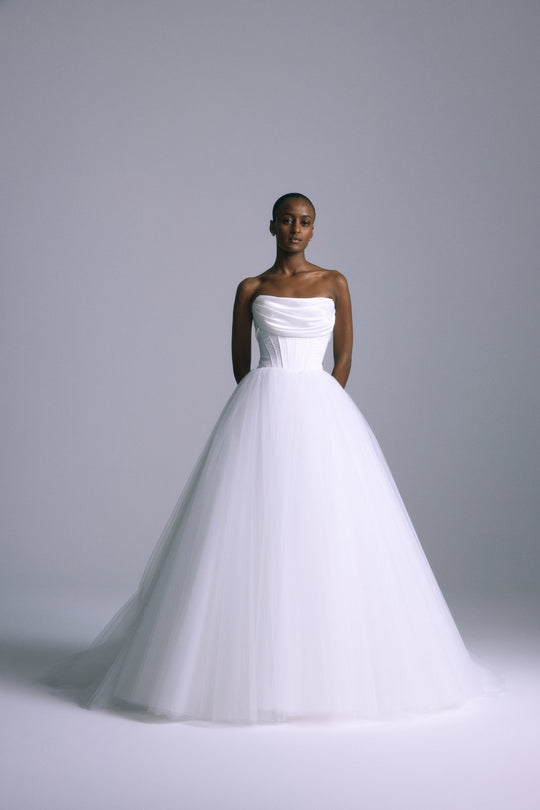Onyx, $7,400, dress from Collection Amsale, Fabric: satin-back-crepe