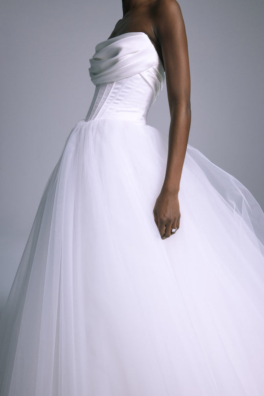 Onyx, $7,400, dress from Collection Amsale, Fabric: satin-back-crepe