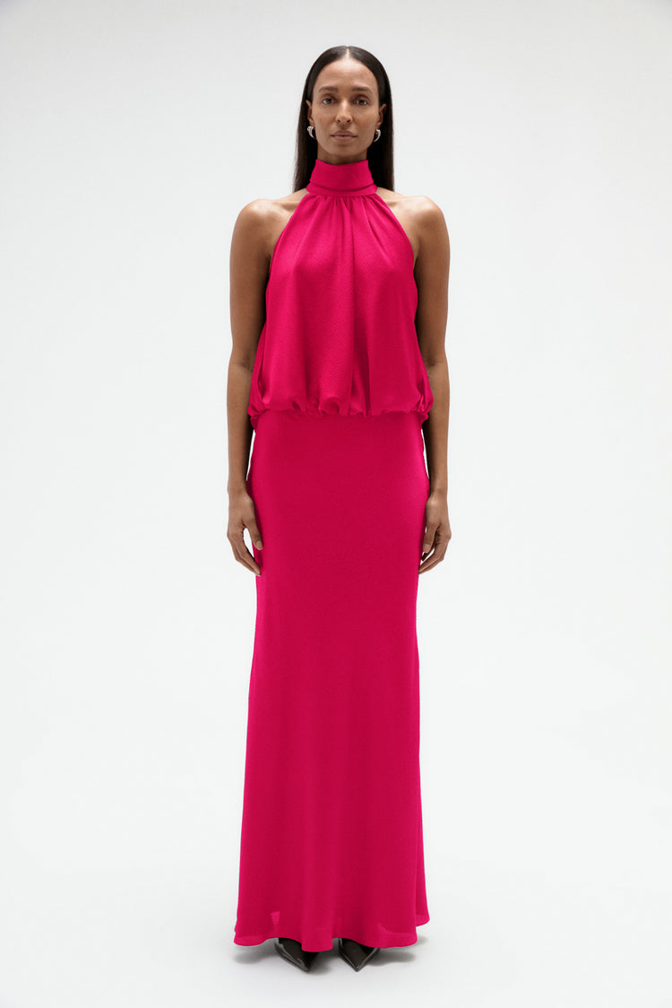 Image number 0: Hammered Satin Halter Gown in Magenta, front view