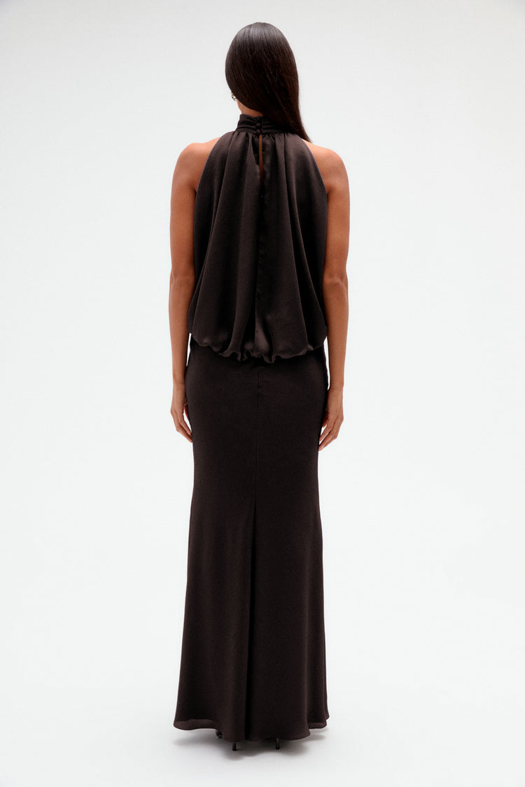 Image number 9: Hammered Satin Halter Gown in Raisin, back view