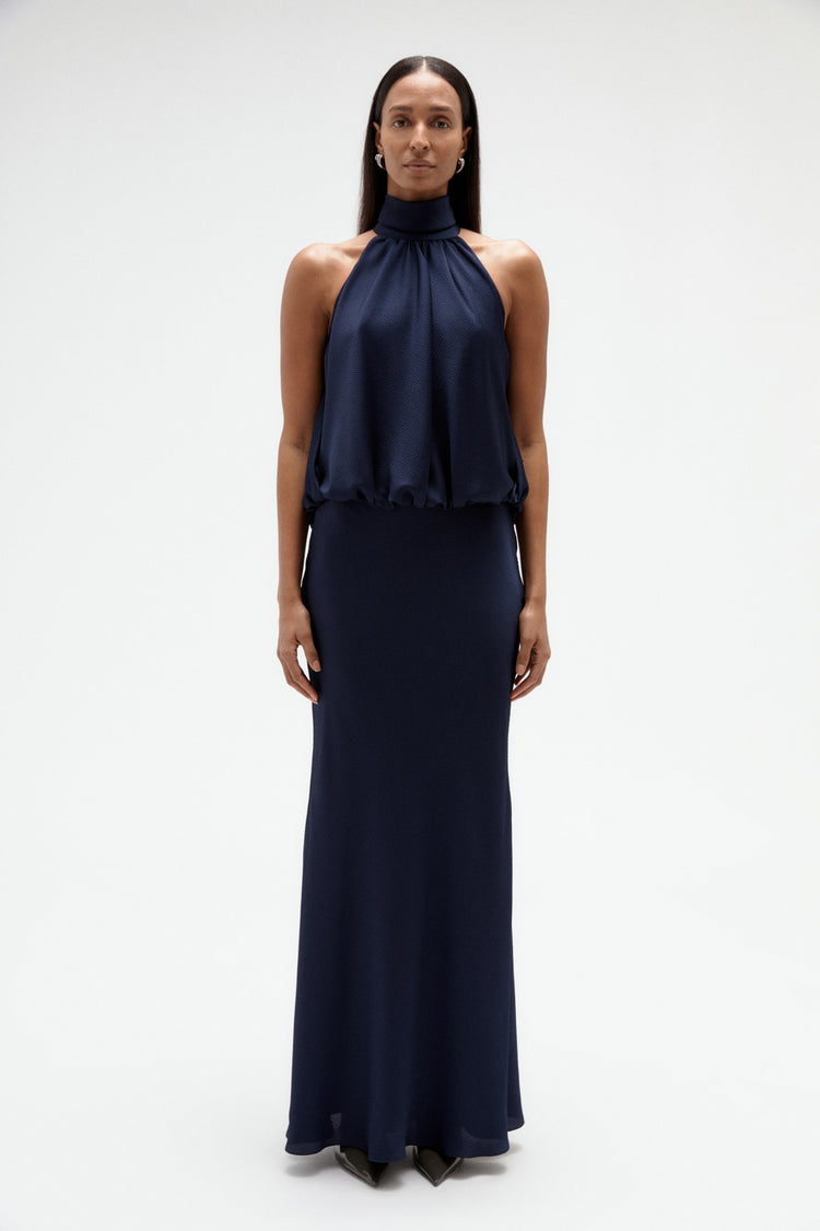 Image number 6: Hammered Satin Halter Gown in Navy, front view