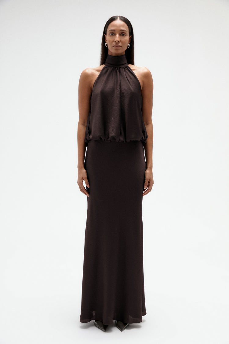 Image number 7: Hammered Satin Halter Gown in Raisin, front view