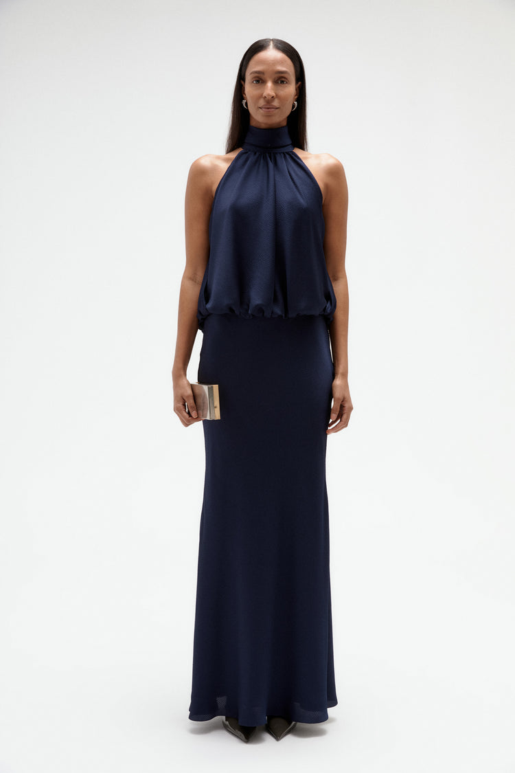 Image number 0: Hammered Satin Halter Gown, front view
