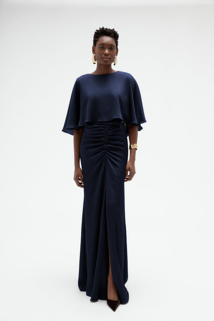 Image number 0: Hammered Satin Capelet Gown in Navy, front view