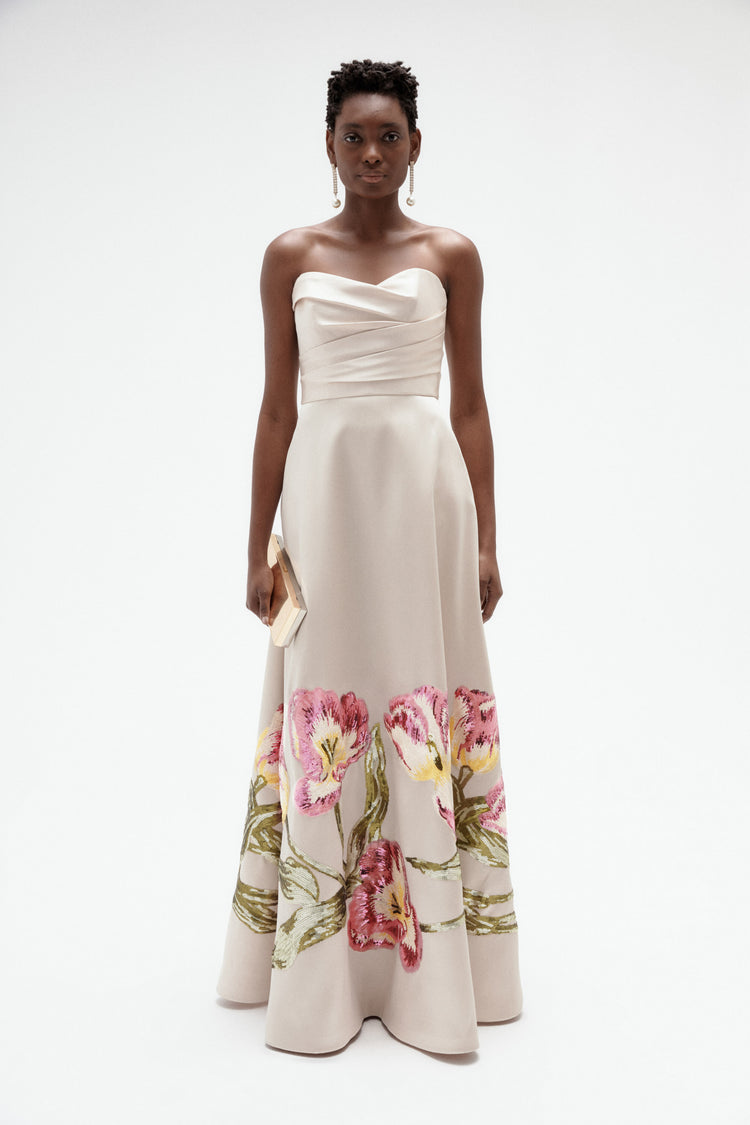 Image number 0: Sequin Tulip Mikado Ballgown in Champagne, front view