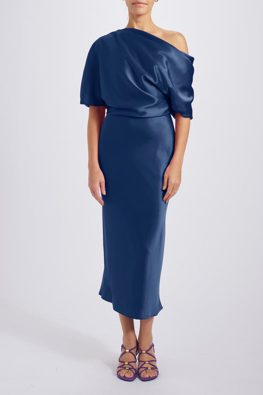 The Slouch Slim Midi Dress, $495, dress from Collection Evening by Amsale, Fabric: fluid-satin
