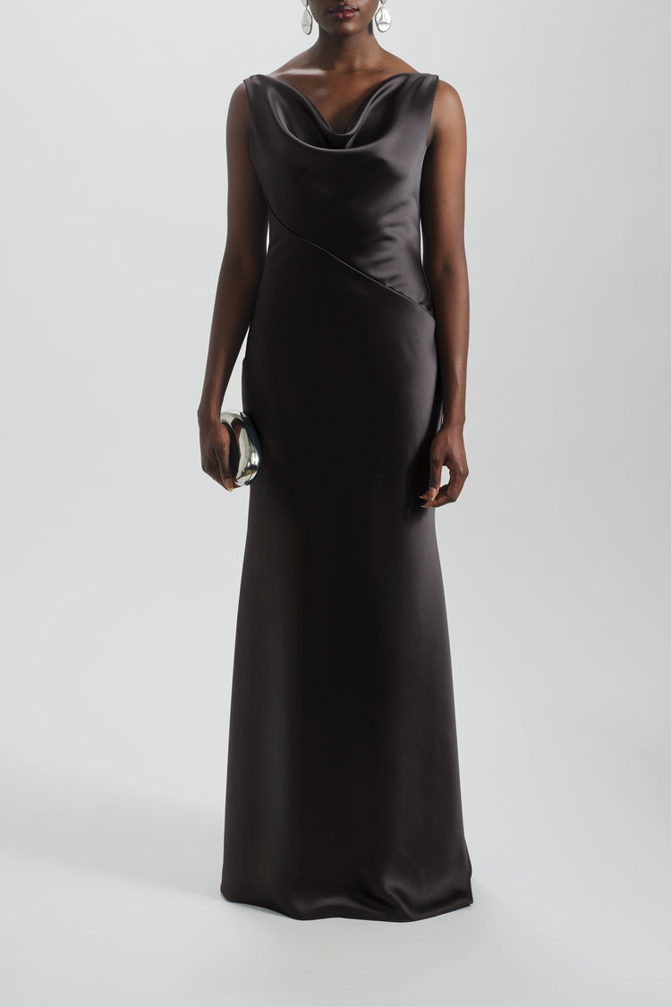 Image number 3: Bias Cut Cowl Neck Dress in Black, front view