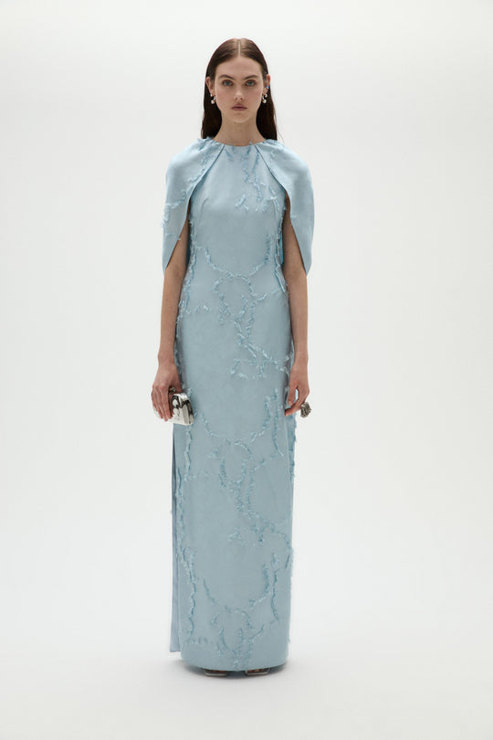 Jacquard Cape Dress, $1,395, dress from Collection Evening by Amsale, Fabric: jacquard