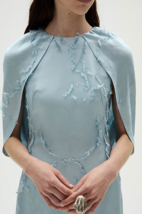 Jacquard Cape Dress, $1,395, dress from Collection Evening by Amsale, Fabric: jacquard