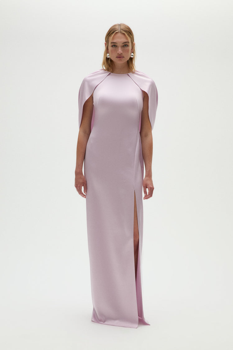 pink column dress Plunging Neckline / FR 50 This strappy open back sequin silhouette Satin Column Cape Dress |
