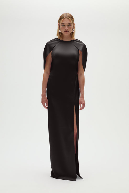 Satin Column Cape Dress, $1,250, dress from Collection Evening by Amsale