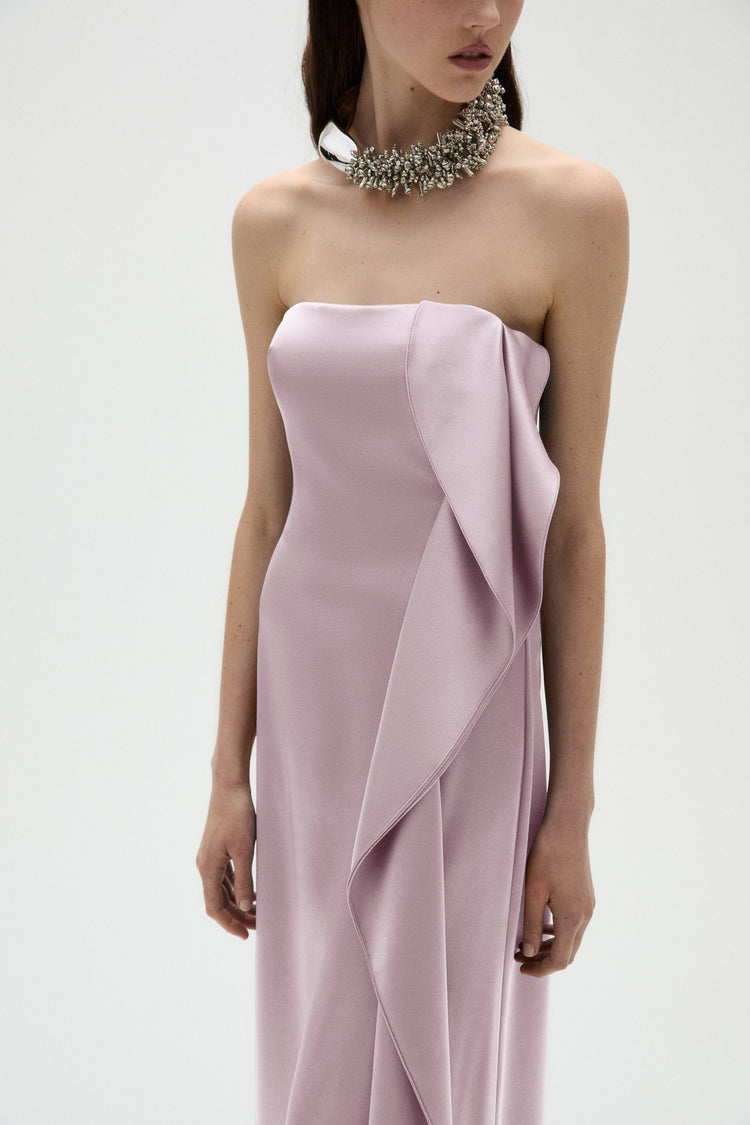 Image number 1: Satin Cascade Gown in Lilac, detail view