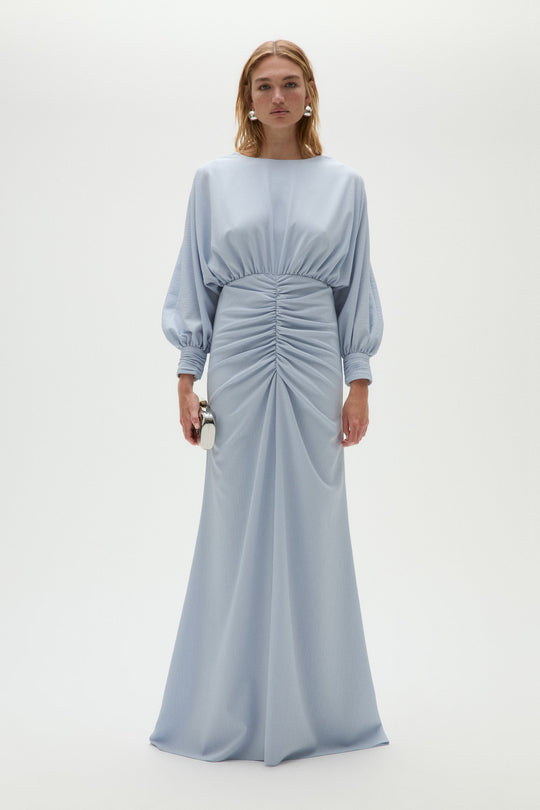 Pebble Crepe Gathered Gown, $1,250, dress from Collection Evening by Amsale, Fabric: crepe