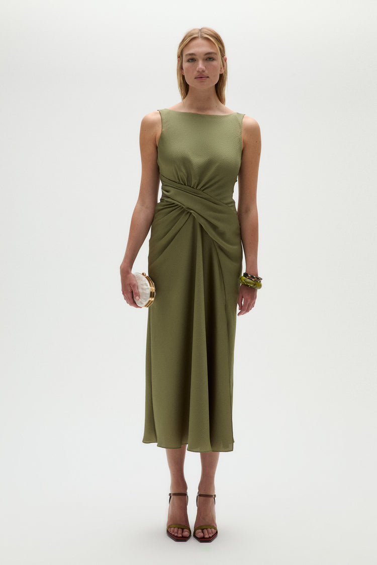 Hammered Satin Draped Midi Dress, dress from Collection Evening by Amsale, Fabric: hammered-satin