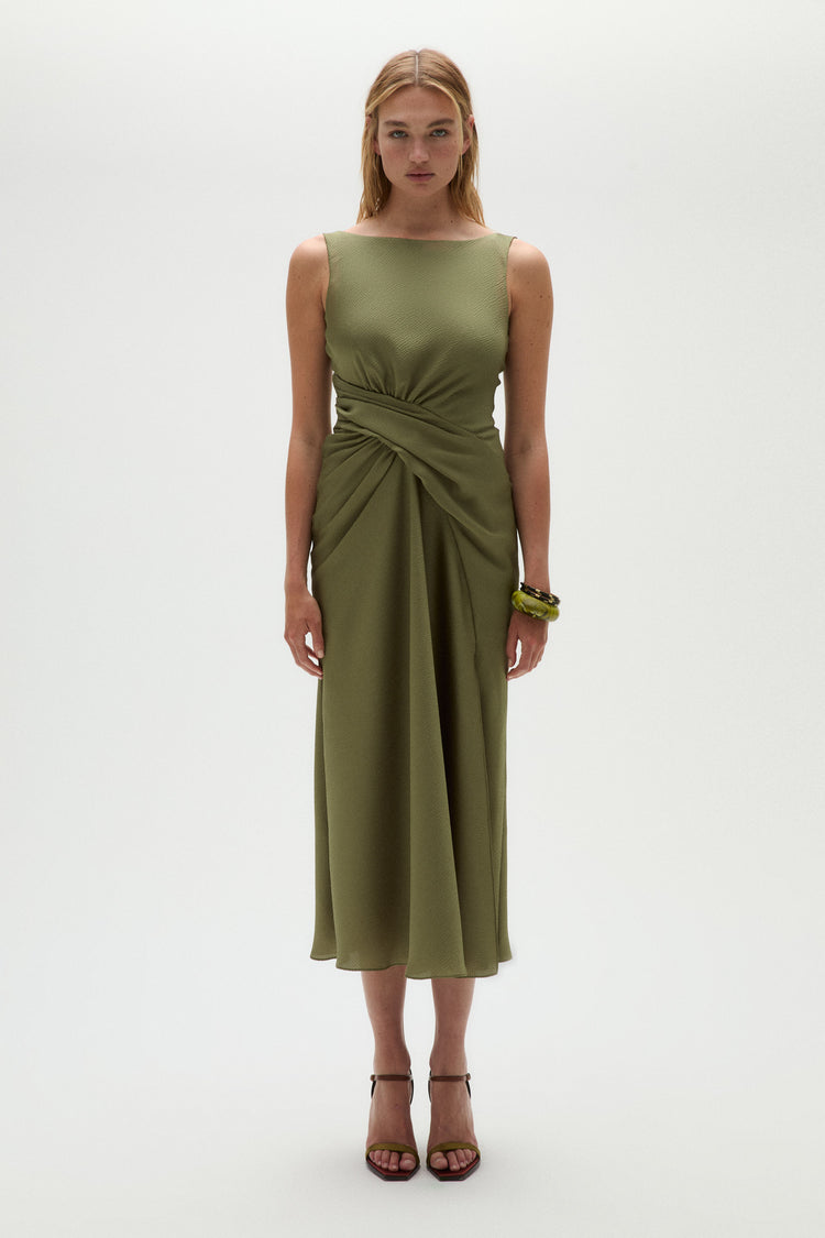 Hammered Satin Draped Midi Dress, dress from Collection Evening by Amsale, Fabric: hammered-satin