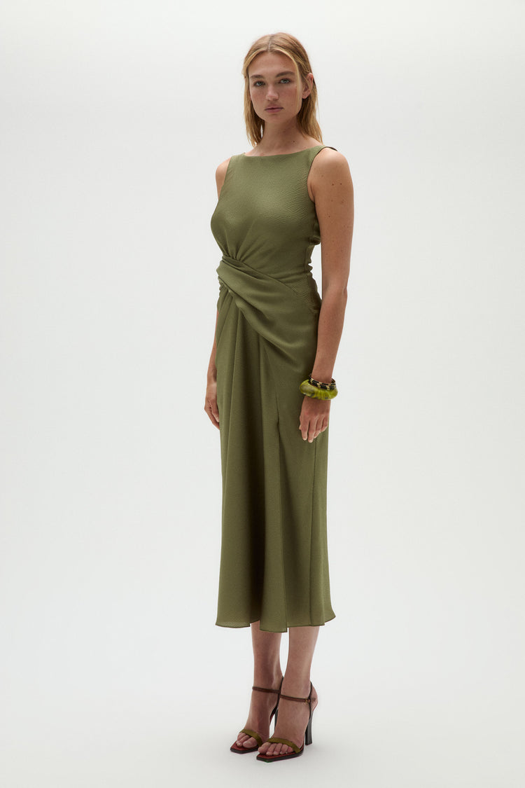 Hammered Satin Draped Midi Dress, dress from Collection Evening by Amsale, Fabric: hammered-satin