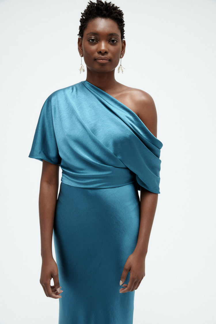 teal satin formal dress Turquoise Silk Satin Chic Evening Dress V-neck Split Sleeceless Formal Dress