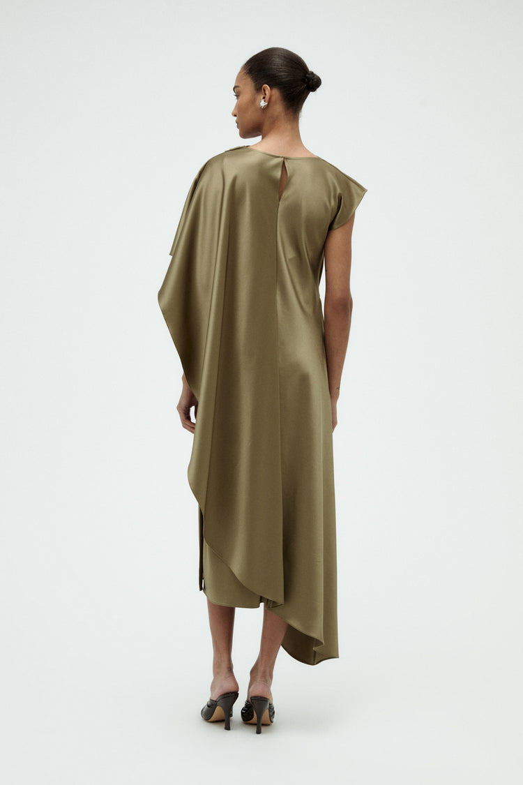satin cape midi dress LAPOINTE Satin Cape Dress With Feathers