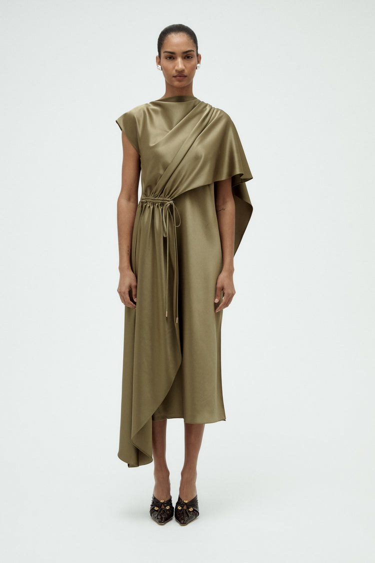 asymmetrical cape dress Satin Cape Dress Olive / 8