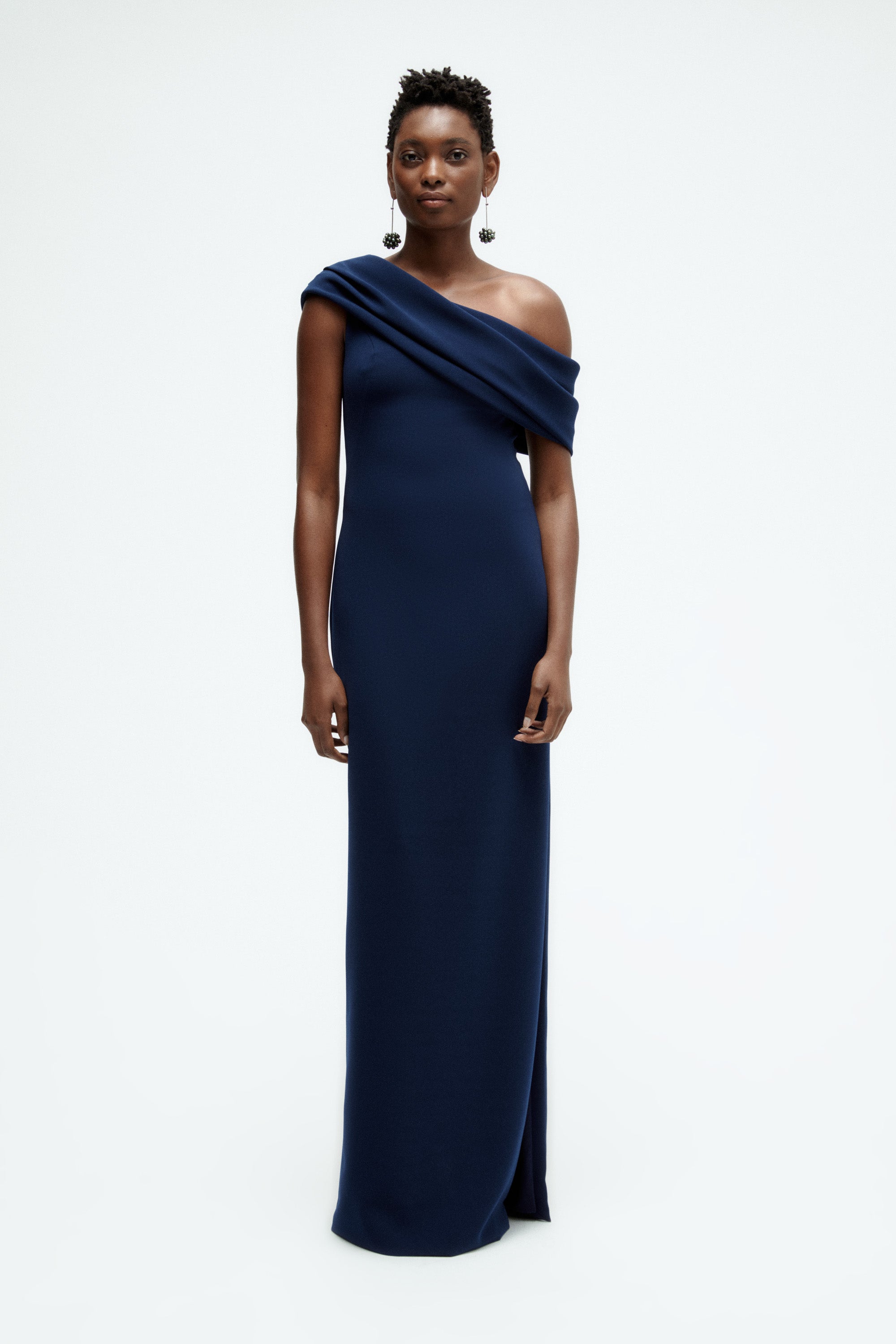 Draped off-the-shoulder Gown Navy / 12